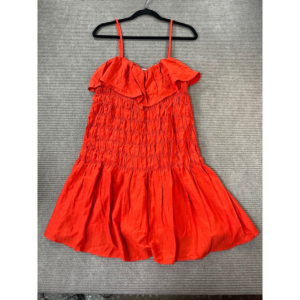 Future Collective Red Orange Smocked Ruffle Mini Dress Large NWT